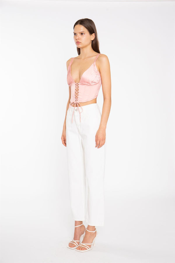 Glamorous Coral Pink Pleated Bust Lace-Up Corset-Top