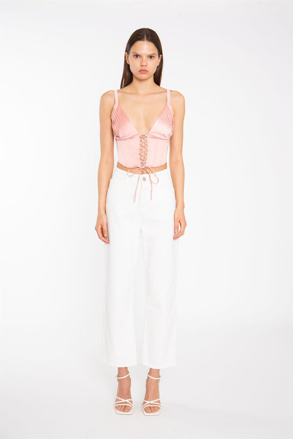 glamorous Coral Pink Pleated Bust Lace-Up Corset-Top