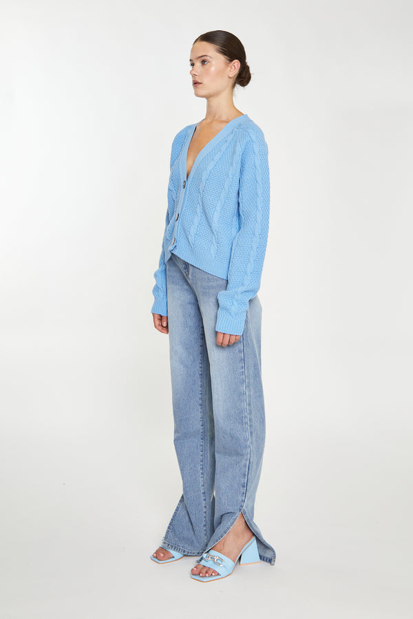 Glamorous Cornflower Blue Button Down Cable Knit Cardigan
