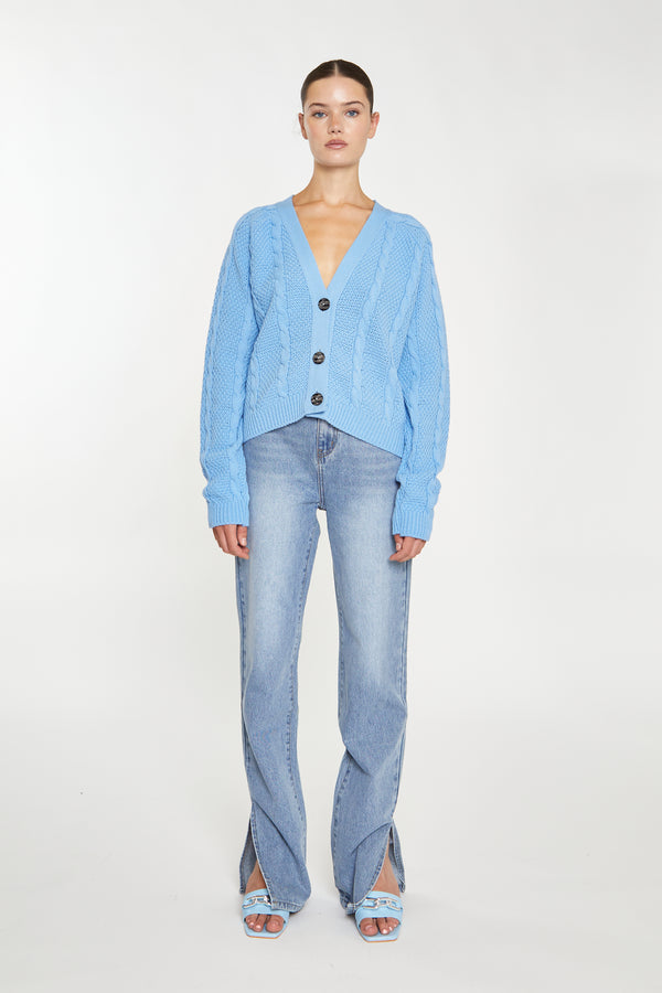 glamorous Cornflower Blue Button Down Cable Knit Cardigan