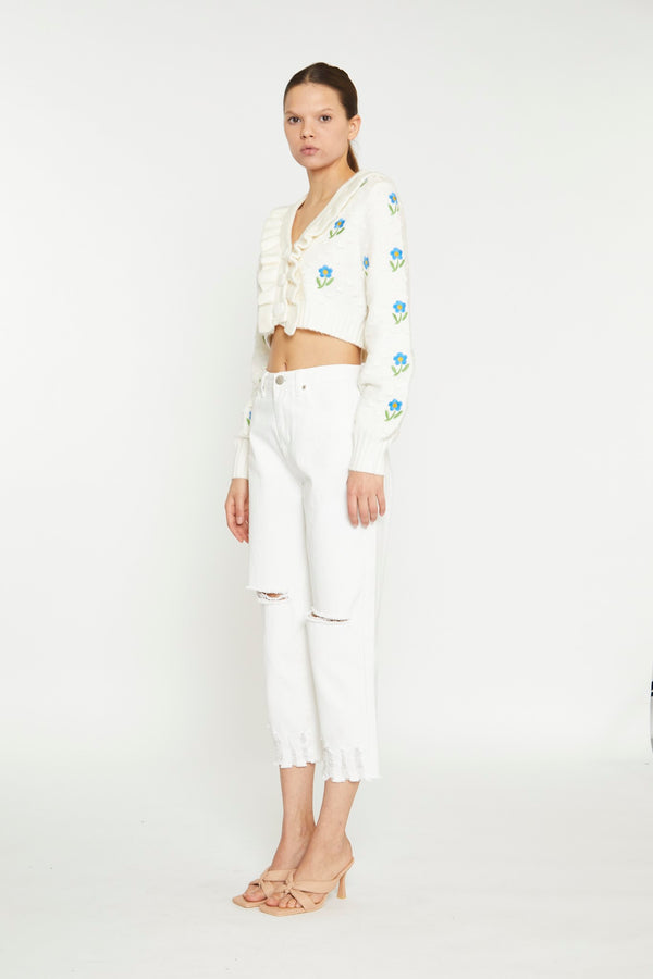 Glamorous Cream Cropped Floral Embroidered Cardigan