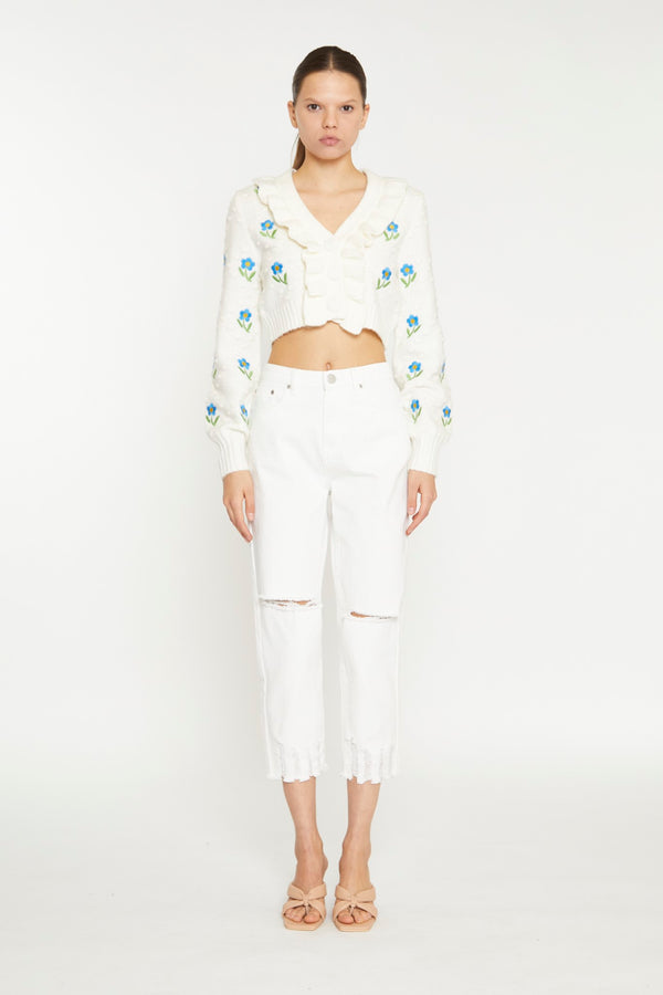 glamorous Cream Cropped Floral Embroidered Cardigan