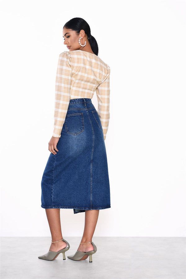 Glamorous Dark Blue Stonewash Split High Waisted Midi Skirt