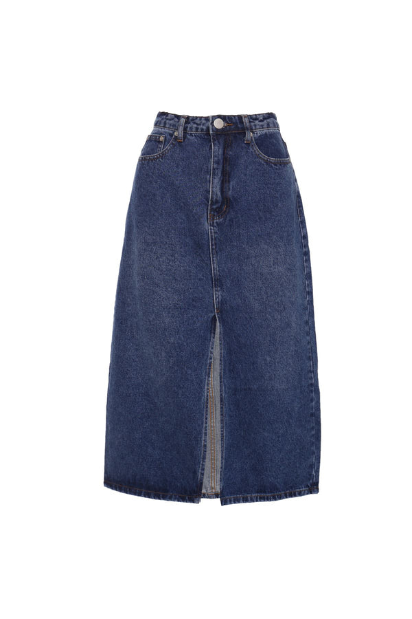 Glamorous Dark Blue Stonewash Split High Waisted Midi Skirt