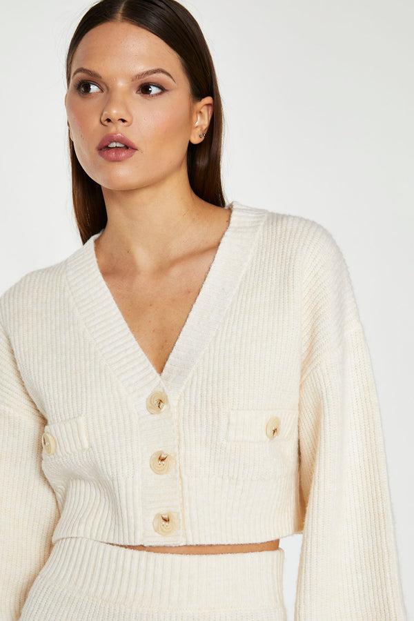 glamorous Dark-Cream Oversized Sleeve Crop-Cardigan