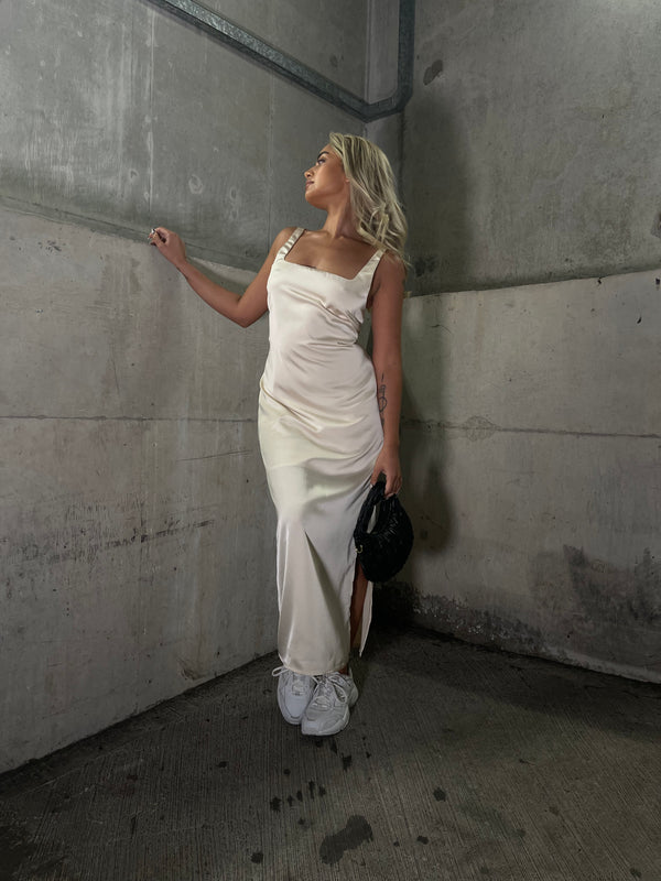 Glamorous Dark-Cream Satin Tailored Square-Neck Midi-Dress