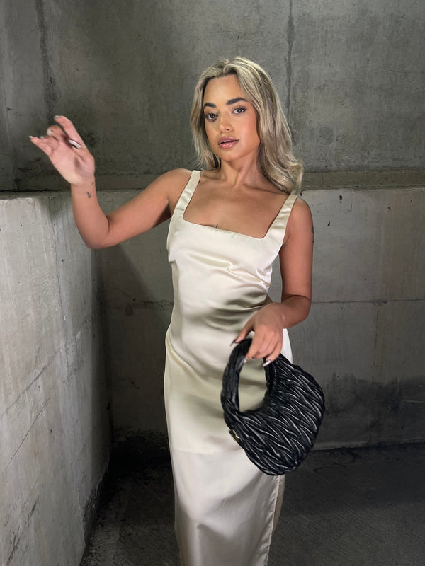 Glamorous Dark-Cream Satin Tailored Square-Neck Midi-Dress