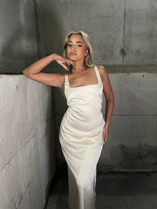 glamorous Dark-Cream Satin Tailored Square-Neck Midi-Dress