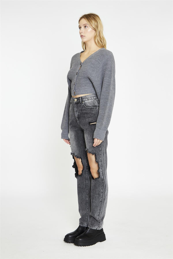 Glamorous Dark-Grey Marl Button Front Crop-Cardigan