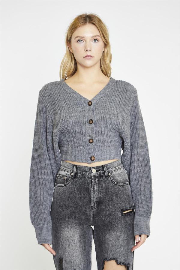 glamorous Dark-Grey Marl Button Front Crop-Cardigan