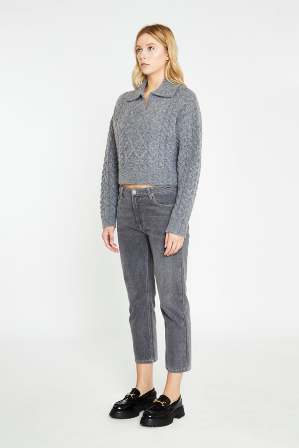 Glamorous Dark-Grey Marl Collared Cable Knit Jumper