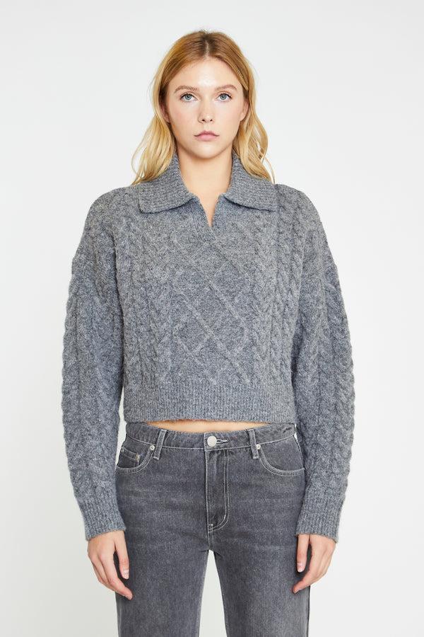 glamorous Dark-Grey Marl Collared Cable Knit Jumper