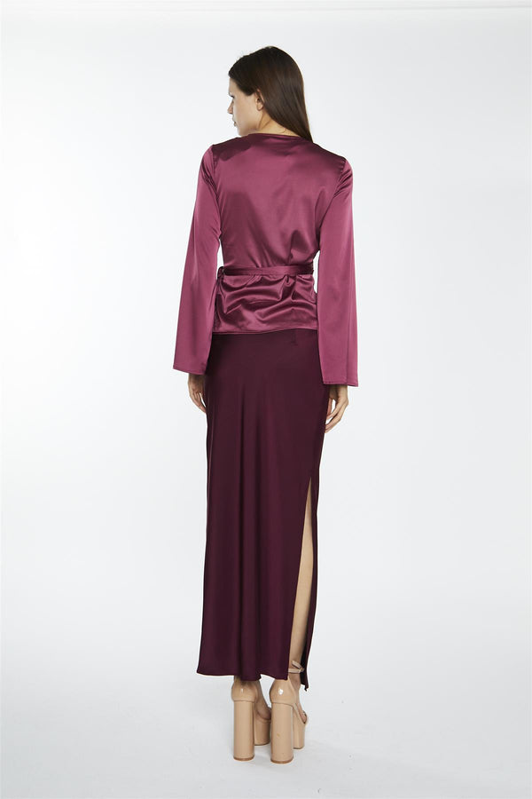 Glamorous Dark-Raspberry Satin Fluted-Sleeve Wrap-Top
