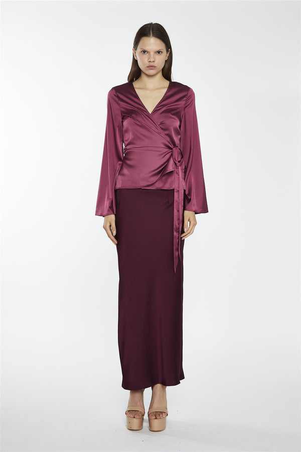 Glamorous Dark-Raspberry Satin Fluted-Sleeve Wrap-Top