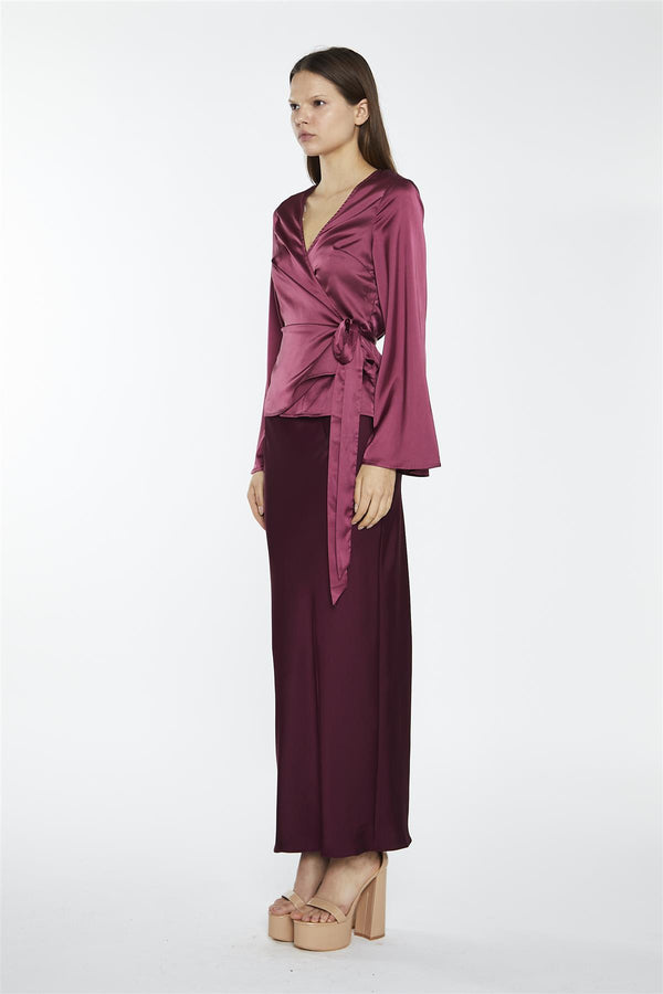 Glamorous Dark-Raspberry Satin Fluted-Sleeve Wrap-Top