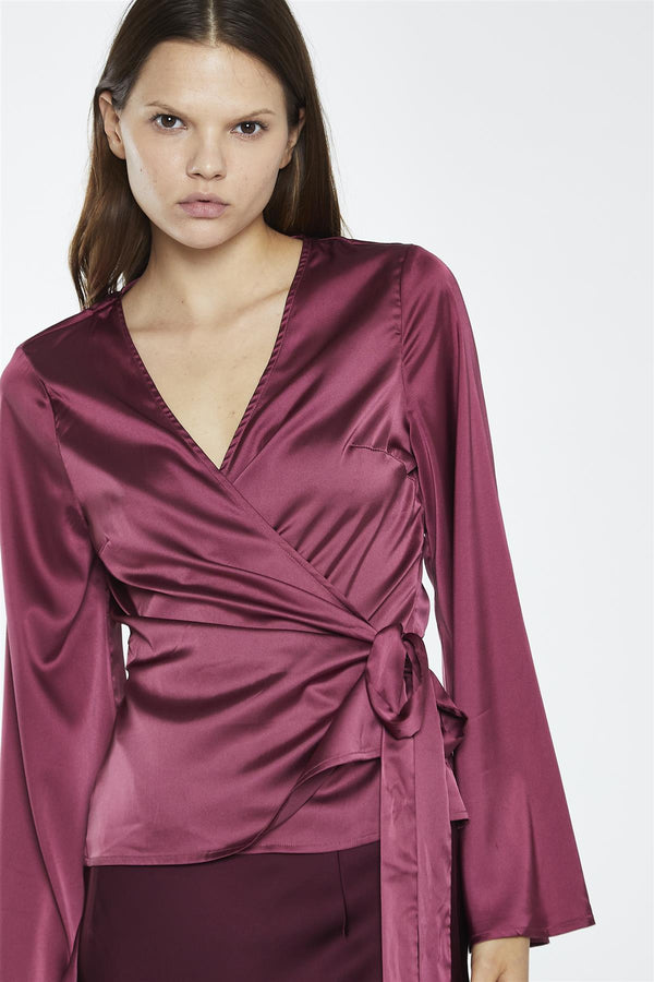 glamorous Dark-Raspberry Satin Fluted-Sleeve Wrap-Top