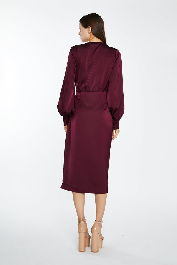 Glamorous Deep Burgundy Satin Long-Sleeve Wrap Midi-Dress
