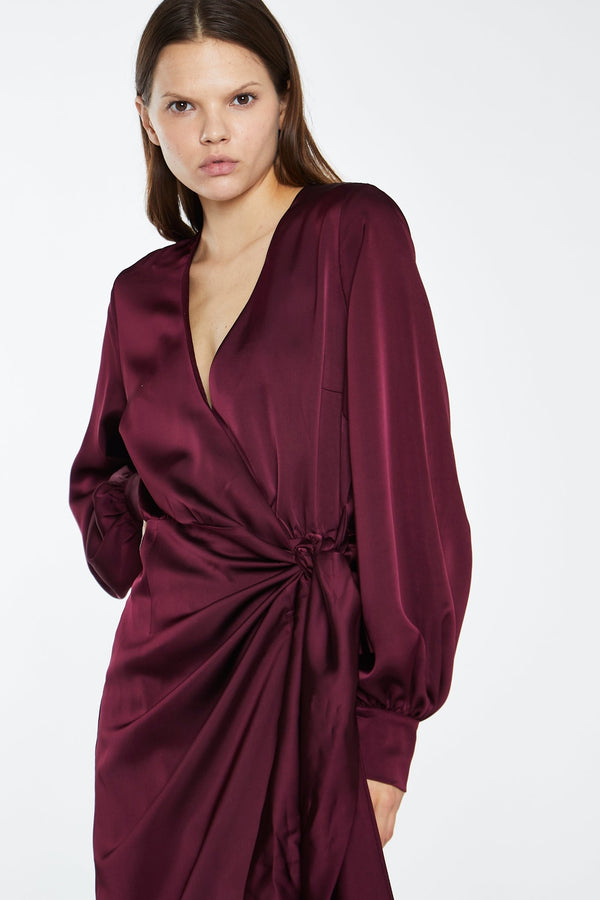 Glamorous Deep Burgundy Satin Long-Sleeve Wrap Midi-Dress