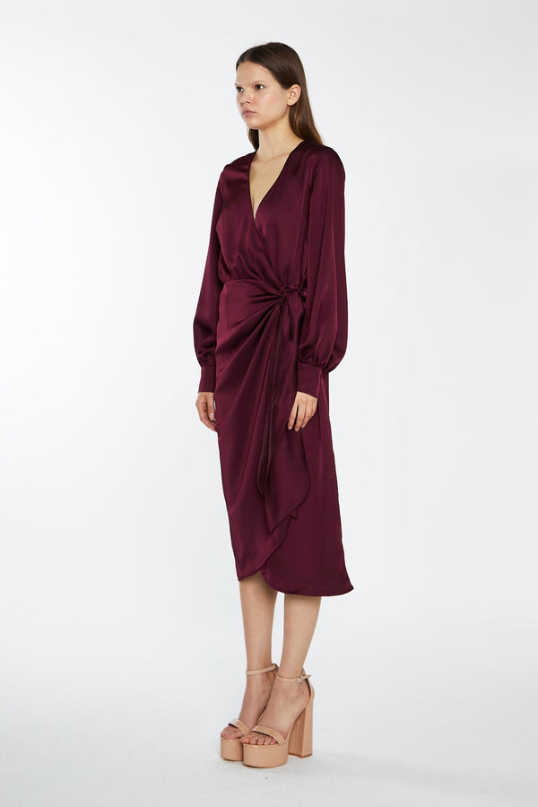 Glamorous Deep Burgundy Satin Long-Sleeve Wrap Midi-Dress