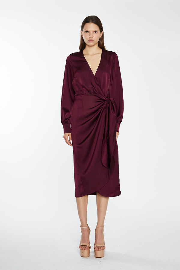 glamorous Deep Burgundy Satin Long-Sleeve Wrap Midi-Dress