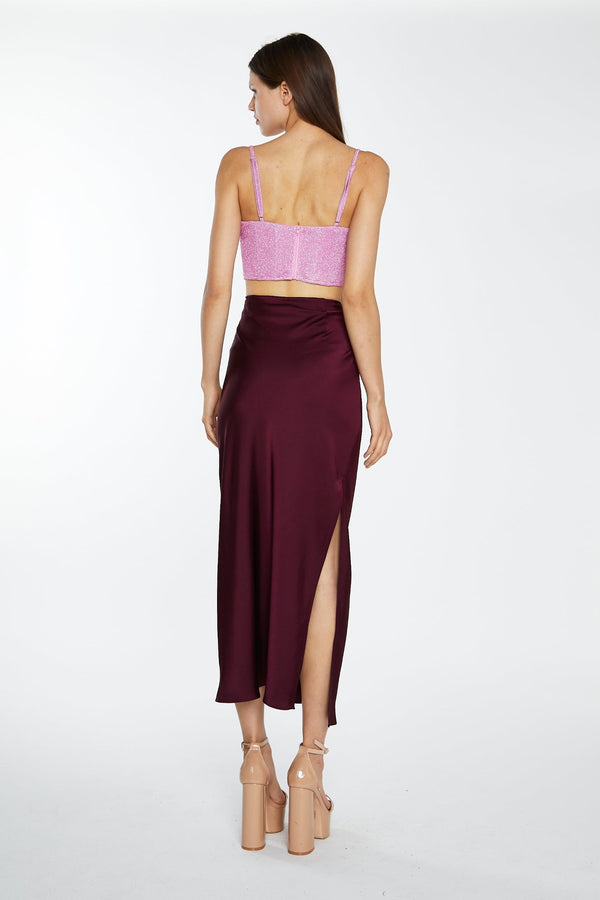 Glamorous Deep-Burgundy Satin Side-Split Maxi-Skirt