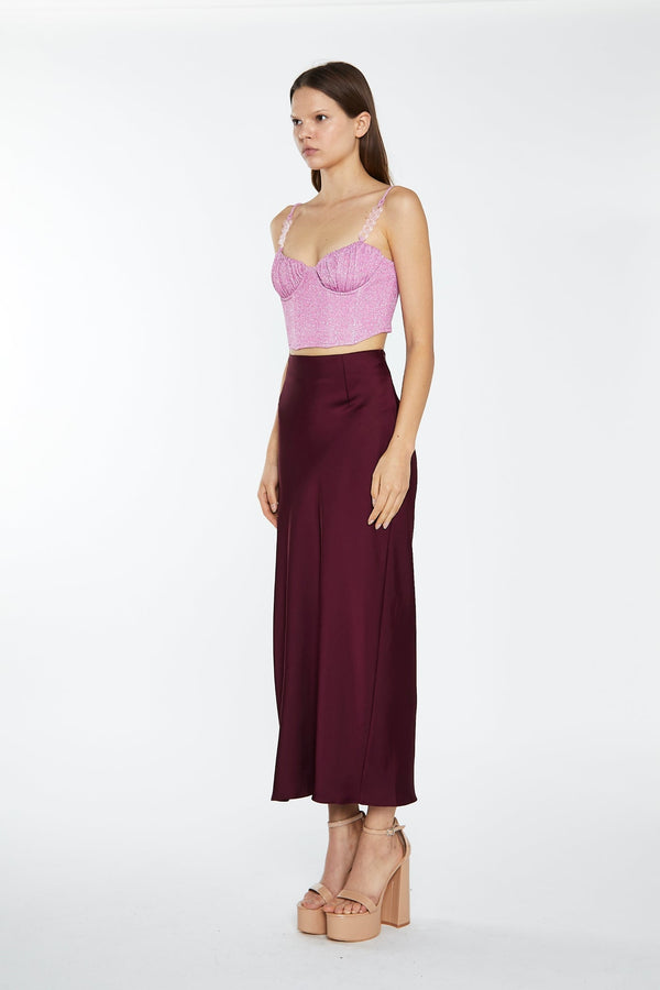 Glamorous Deep-Burgundy Satin Side-Split Maxi-Skirt