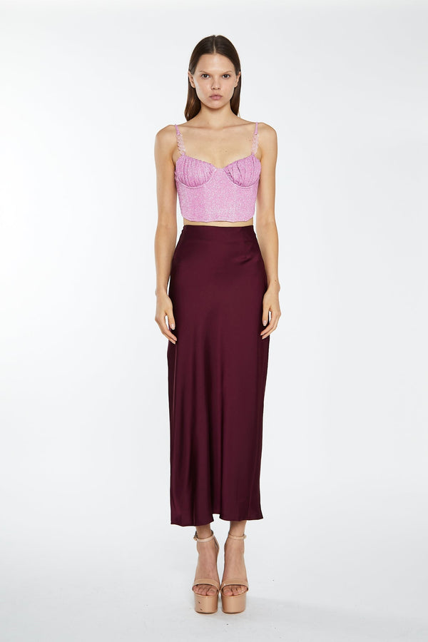 glamorous Deep-Burgundy Satin Side-Split Maxi-Skirt