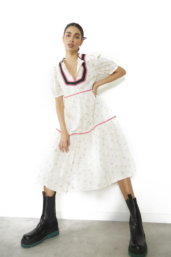 Glamorous Ditsy-Rose Stripe-Black Button-Front Shift Midi-Dress