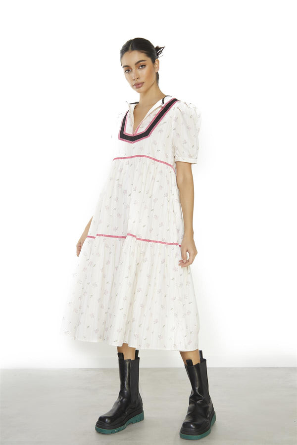 glamorous Ditsy-Rose Stripe-Black Button-Front Shift Midi-Dress