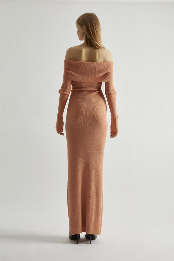 Glamorous Dusty-Peach Glitter Knitted Bardot Maxi-Dress