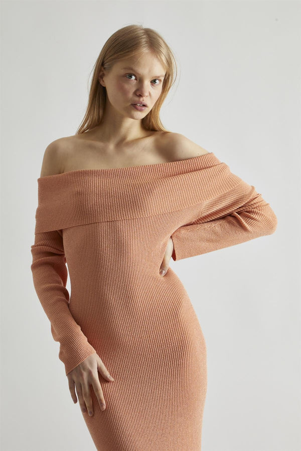 Glamorous Dusty-Peach Glitter Knitted Bardot Maxi-Dress