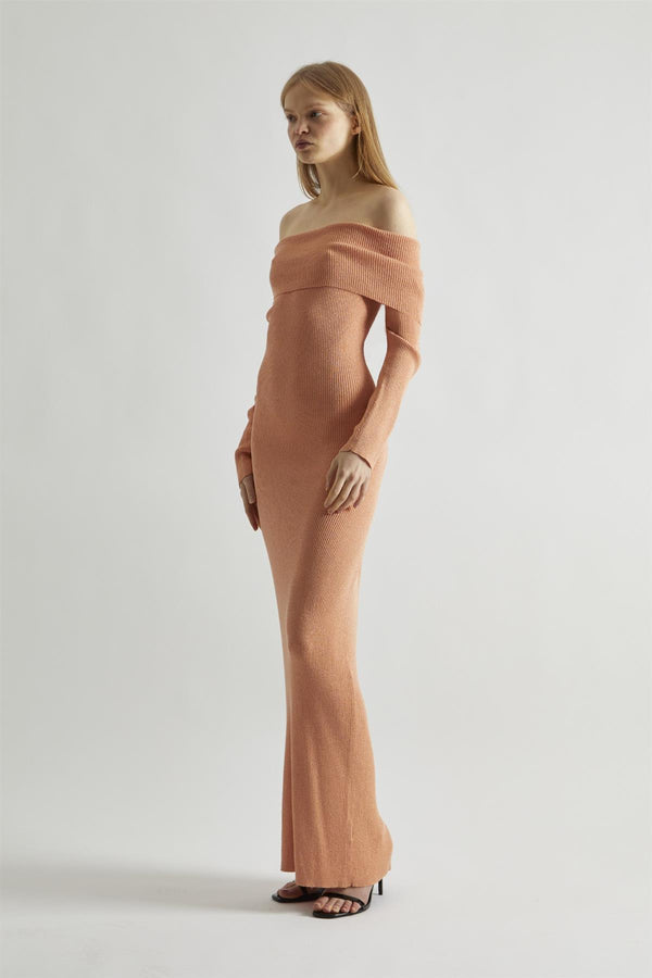 Glamorous Dusty-Peach Glitter Knitted Bardot Maxi-Dress