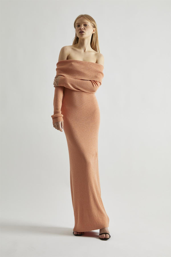 glamorous Dusty-Peach Glitter Knitted Bardot Maxi-Dress