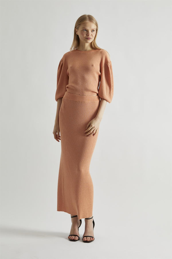glamorous Dusty-Peach Glitter Knitted Bodycon Midaxi-Skirt
