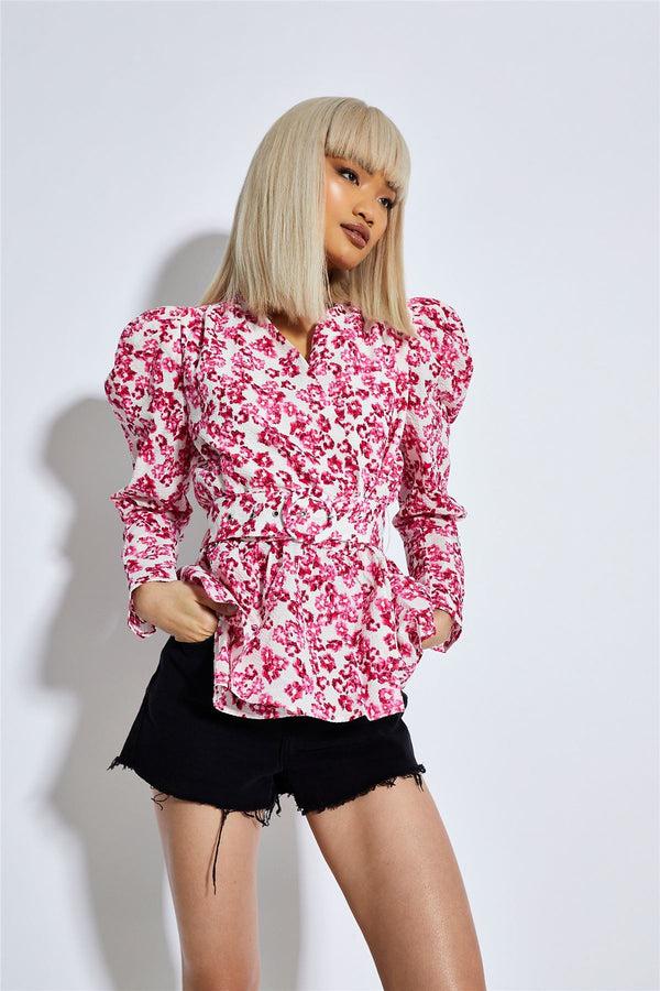 Glamorous Fuchsia Texture Ditsy Puff Shoulder Belted Blouse