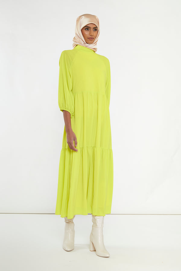 Glamorous Acid-Yellow Open Back Tiered Midi-Dress
