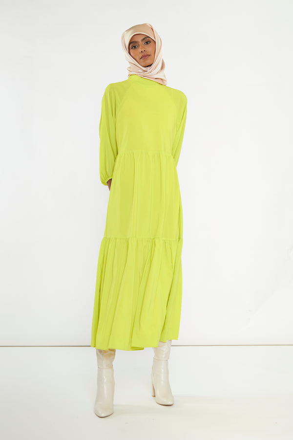 glamorous Acid-Yellow Open Back Tiered Midi-Dress