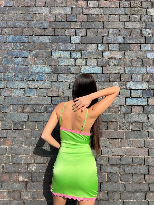 Glamorous Apple-Green Pink Lace Trim Mini-dress