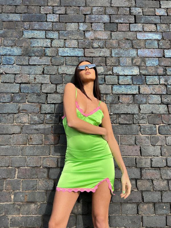 Glamorous Apple-Green Pink Lace Trim Mini-dress