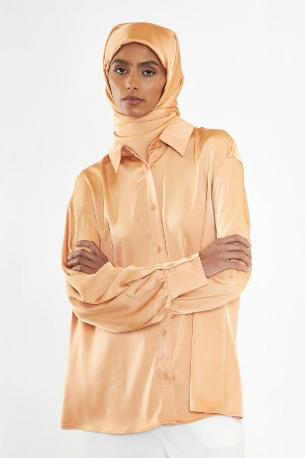 Glamorous Apricot Satin Long Sleeve Shirt