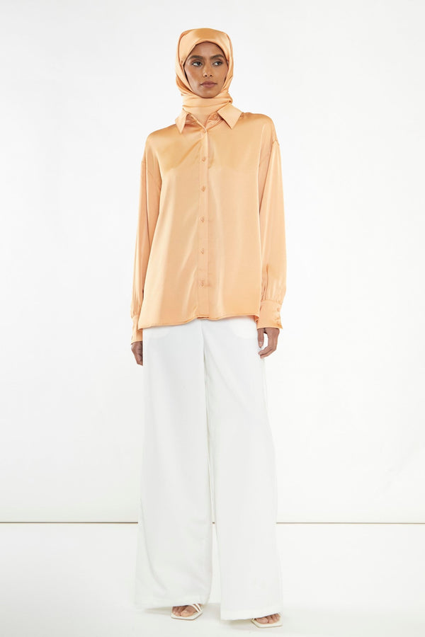 glamorous Apricot Satin Long Sleeve Shirt