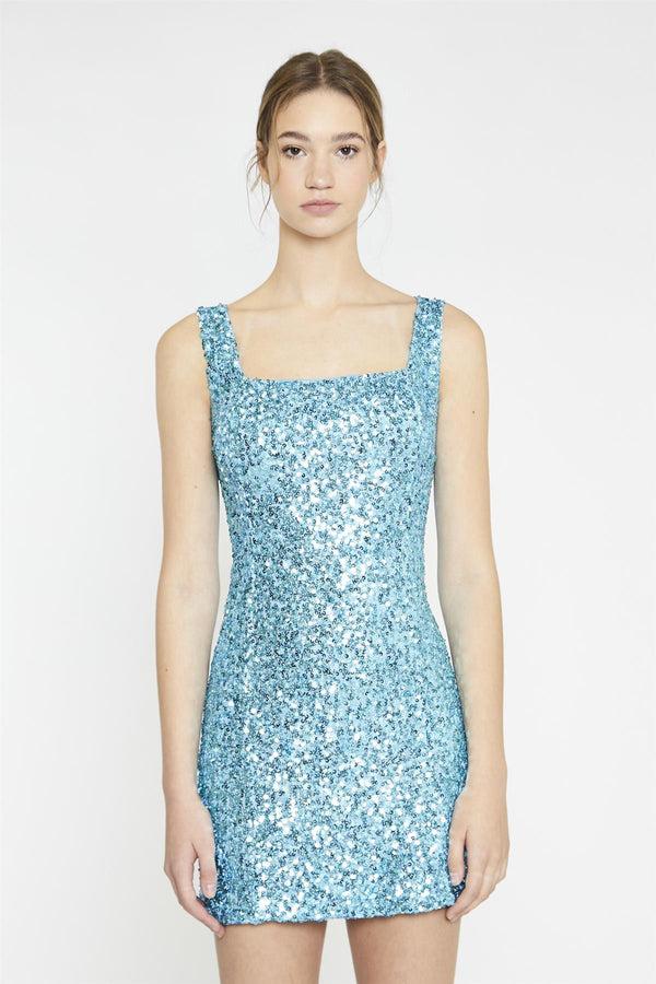 glamorous Aquamarine-Sequin Square-Neck Mini-Dress