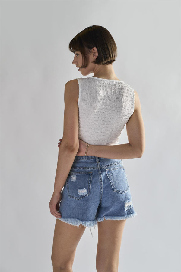 Glamorous Authentic Mid Blue Ripped Denim Shorts