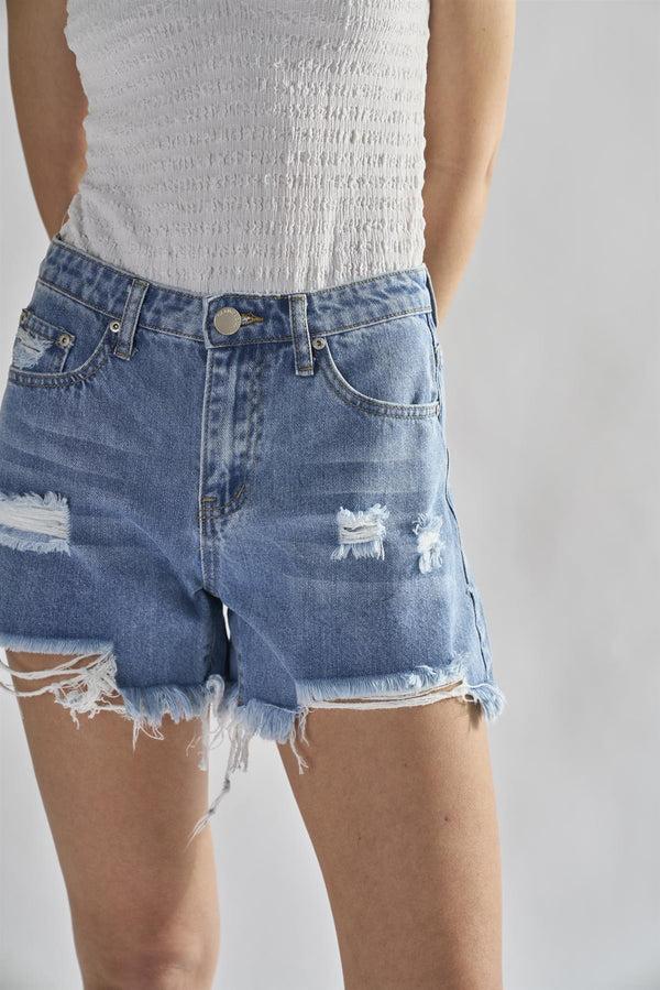 Glamorous Authentic Mid Blue Ripped Denim Shorts