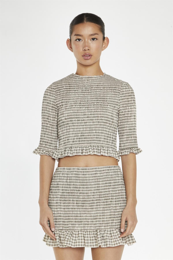 Glamorous Beige-Black Check Shirred Crop-Top