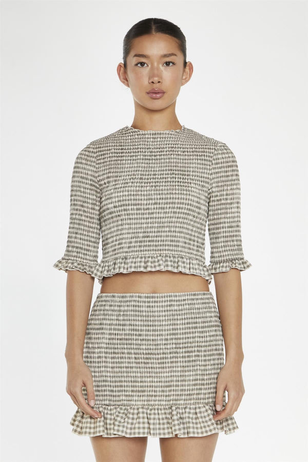 Glamorous Beige-Black Check Shirred Mini-Skirt