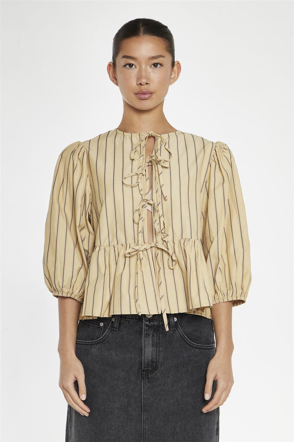Glamorous Beige-Brown Stipe Tie-Front Top