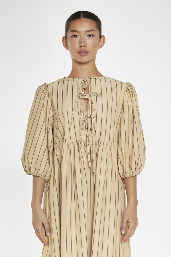 Glamorous Beige-Brown Stripe Tie-Front Midi-Dress