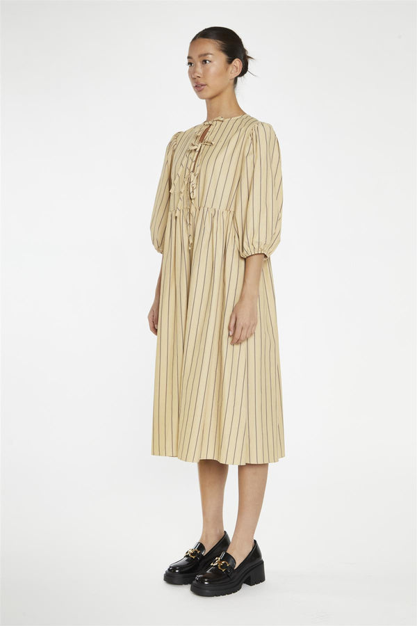 Glamorous Beige-Brown Stripe Tie-Front Midi-Dress
