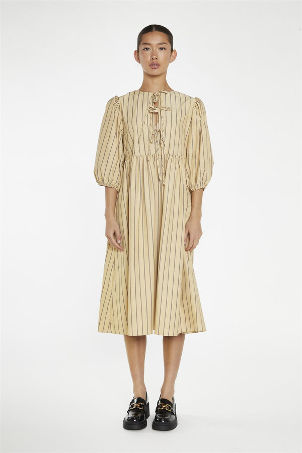 glamorous Beige-Brown Stripe Tie-Front Midi-Dress
